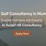 "Digital banner showcasing Al Hudaif HR Consultancy as the best Gulf consultancy in Mumbai, featuring Marine Drive skyline with an 'Apply Now' button."