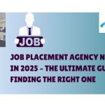 "Job placement agency office with people working and applicants waiting, featuring text 'Job Placement Agency Near Me in 2025 – The Ultimate Guide to Finding the Right One' and Al Hudaif HR Consultancy logo"