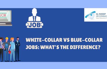 Comparison of white-collar and blue-collar workers with the title 'White-Collar vs Blue-Collar Jobs: What’s the Difference?' and Al Hudaif HR Consultancy logo