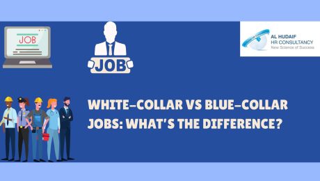Comparison of white-collar and blue-collar workers with the title 'White-Collar vs Blue-Collar Jobs: What’s the Difference?' and Al Hudaif HR Consultancy logo