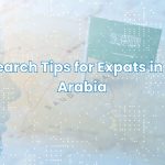 Job search tips for expats in Saudi Arabia with Saudi flag and Vision 2030 logo on modern blue background