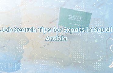 Job search tips for expats in Saudi Arabia with Saudi flag and Vision 2030 logo on modern blue background