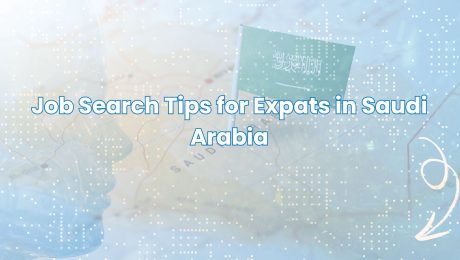 Job search tips for expats in Saudi Arabia with Saudi flag and Vision 2030 logo on modern blue background