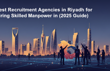 Modern Riyadh skyline with business professionals symbolizing recruitment and manpower hiring in Saudi Arabia, 2025 guide.
